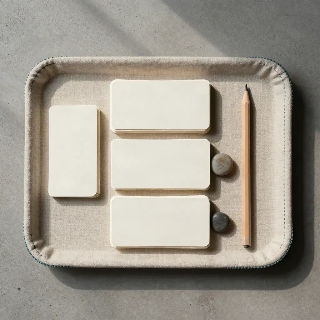 Overhead flatlay of cue cards, a pencil stub, and a stone divider on a linen tray