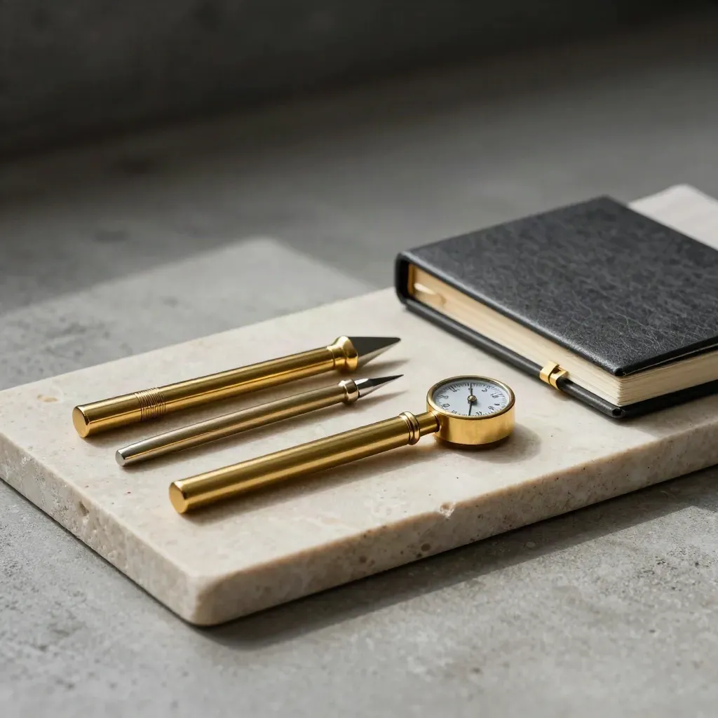 Brass markers, a click counter, and a closed clasp notebook on a limestone tray