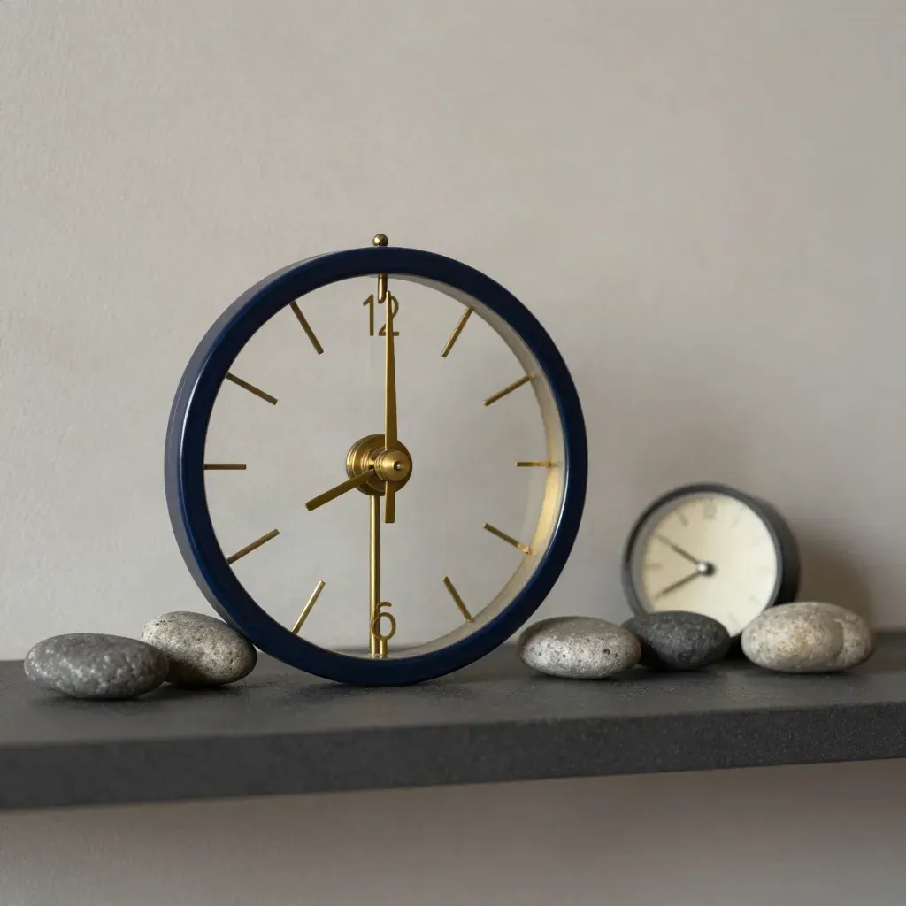 Weekly rhythm wheel with pebbles and a miniature clock on a dark shelf