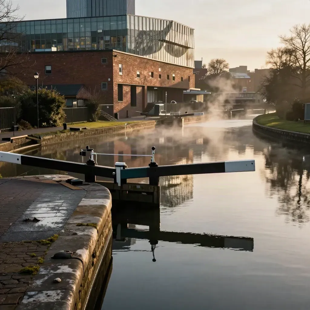 Birmingham canal basin with library silhouette, brick terraces, haze and reflective water
