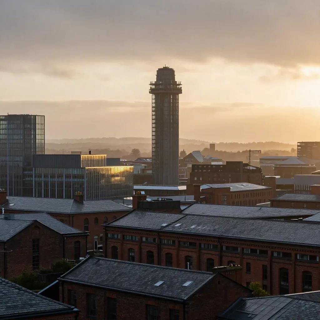 Manchester skyline at golden hour with Beetham Tower above hazy rooftops