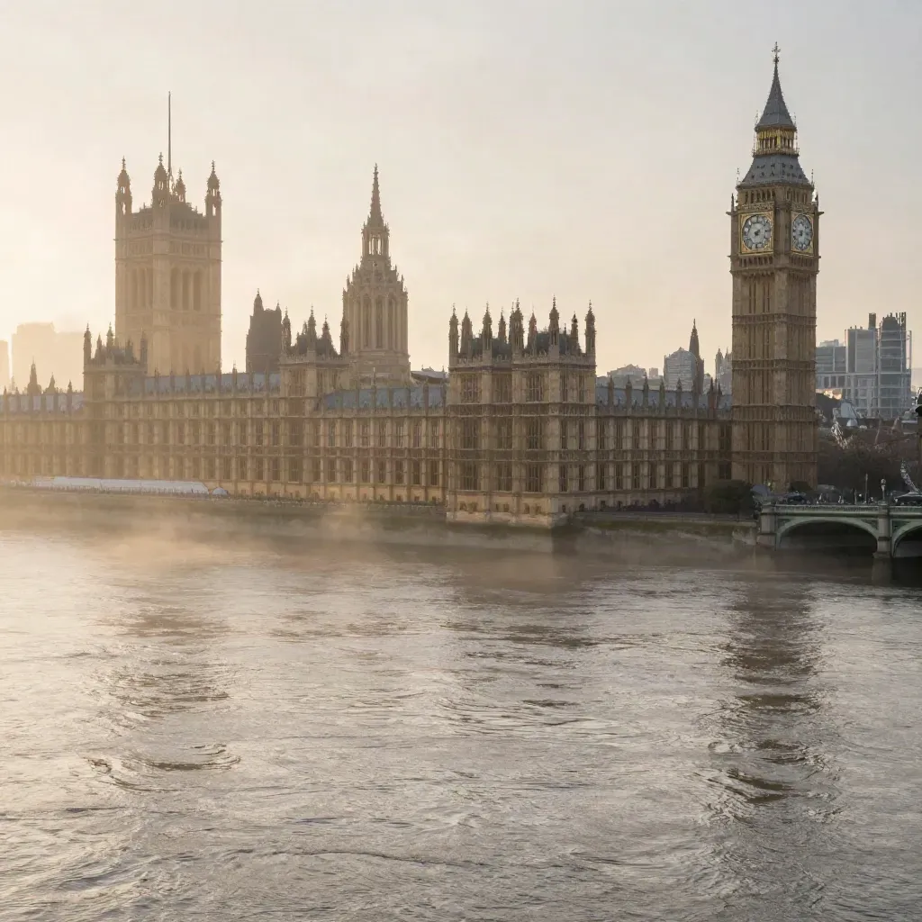 Westminster skyline over the Thames at dawn, with foggy river and glowing Parliament.