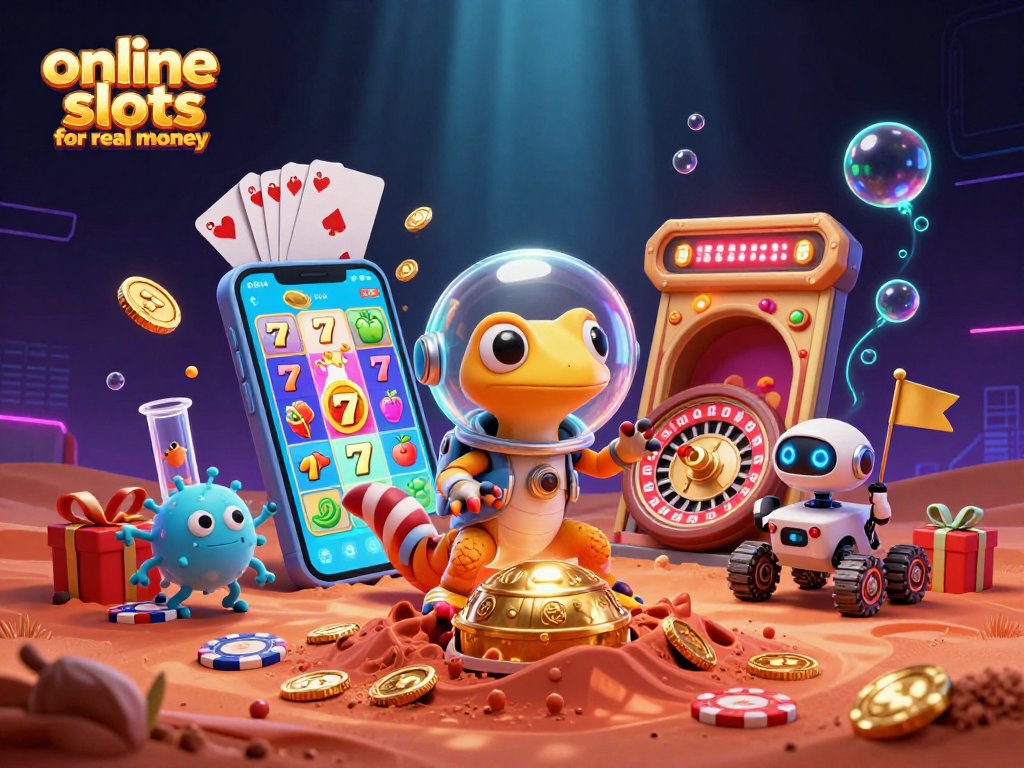 Experience thrilling online slots for real money with a Martian gecko discovering a golden casino.