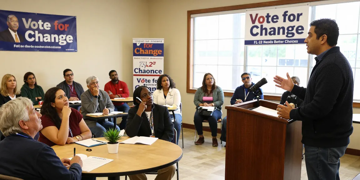 Casey Askar speaking at a community meeting about local issues in FL-22.