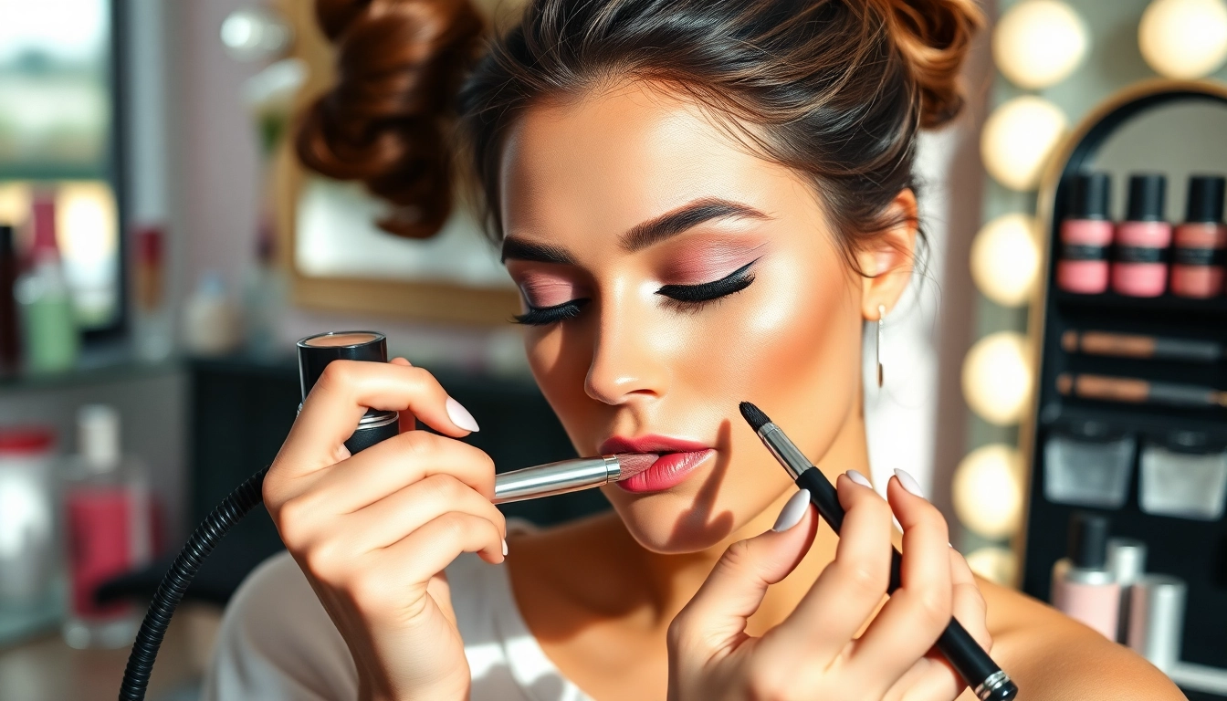 Airbrush makeup artist Dallas applying luxury makeup in a professional setting.