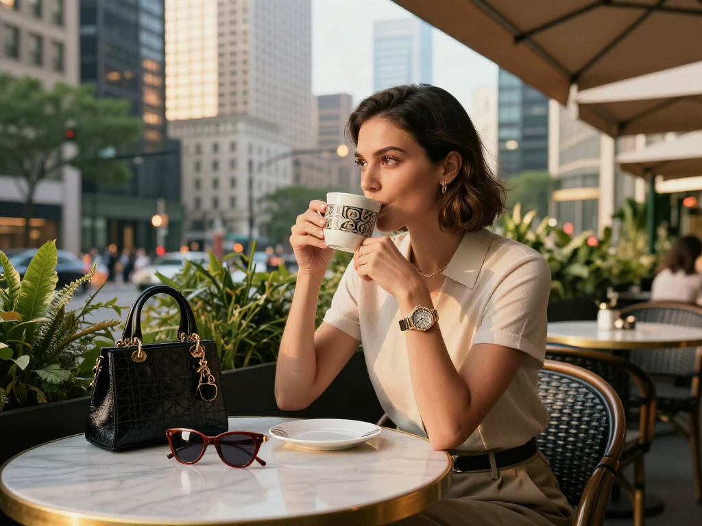 LIFESTYLE LUXURY111: Penampilan mewah seseorang di kafe luar ruangan dengan aksesori fashion dan suasana kota yang modern.