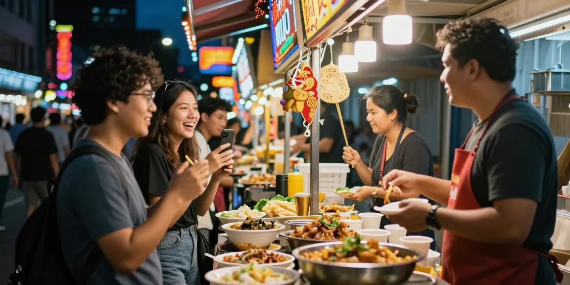 Gái gọi thưởng thức ẩm thực đường phố tại chợ đêm sôi động với ánh đèn màu sắc.