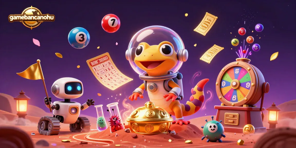 Experience gamebancanohu: A Martian gecko discovering a golden casino with dynamic lottery elements.