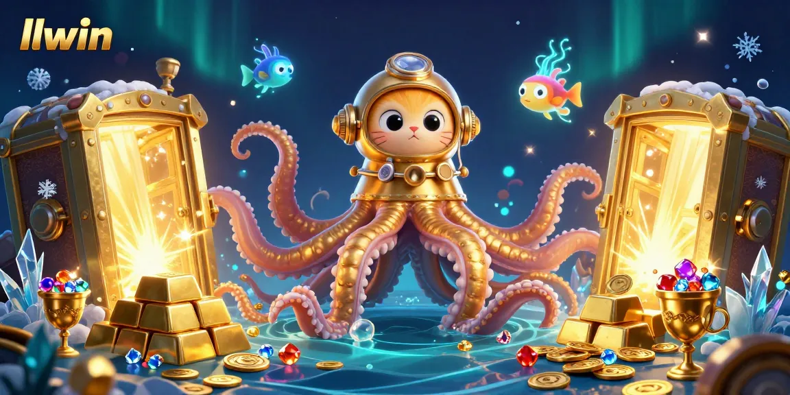 Engage with the thrilling atmosphere of llwin as a kraken emerges from treasure waves amidst dazzling jewels and game elements.