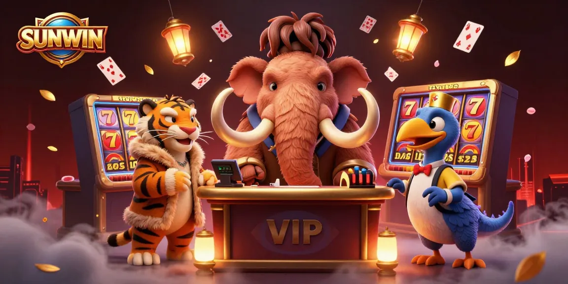 SUNWIN showcases a vibrant casino scene with a woolly mammoth bouncer checking IDs amidst lively slot machines and vivid characters.