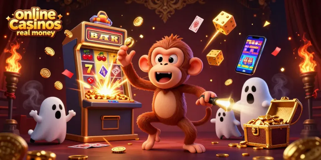 Experience the thrill of online casinos real money games in a vibrant haunted casino scene.