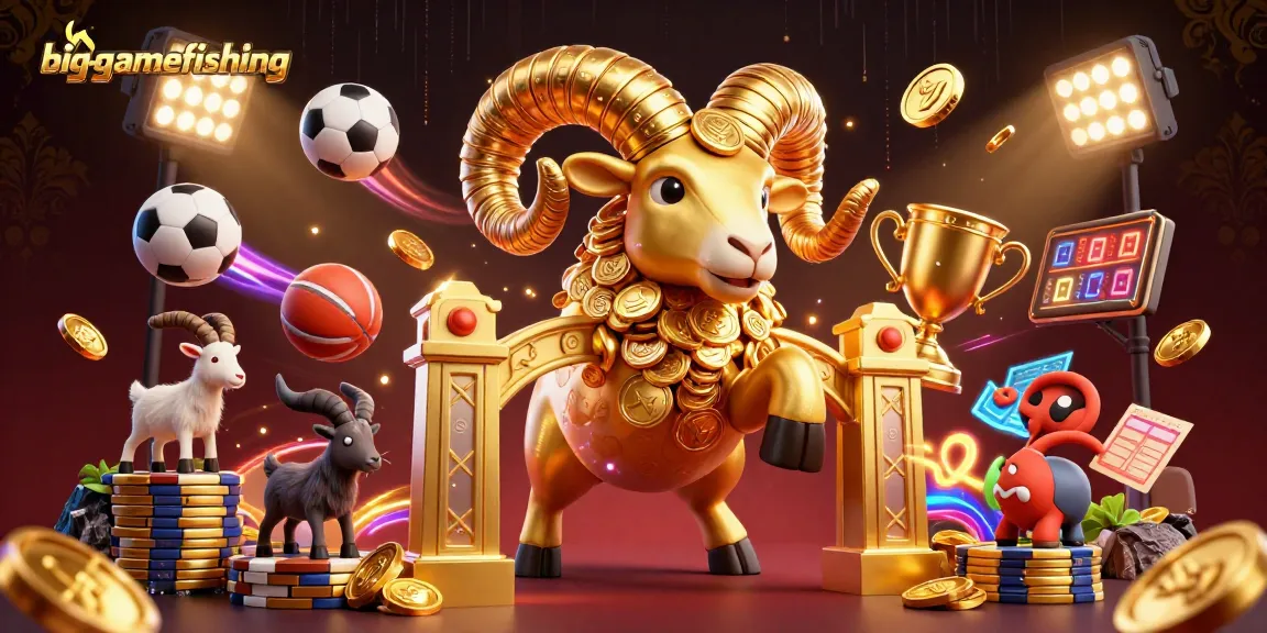 Bet on big-gamefishing with thrilling sports elements and a golden ram charging through a vibrant casino scene.