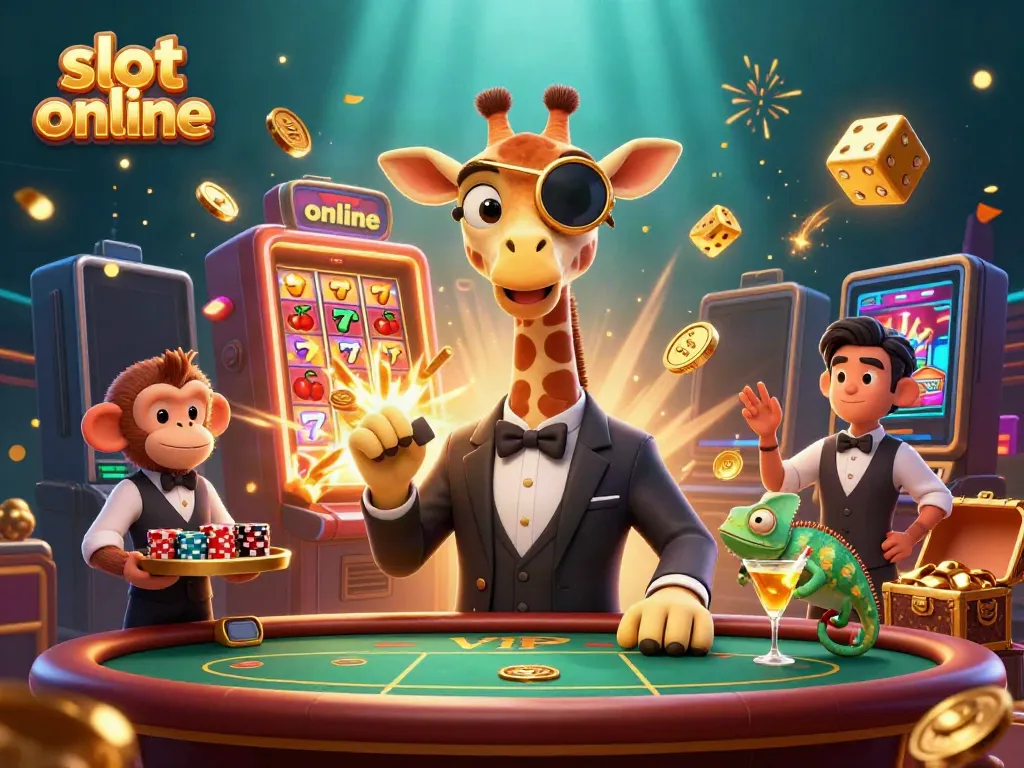 Experience the excitement of slot online with lively characters enjoying the casino atmosphere.