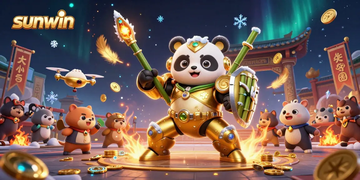 Engage with sunwin's dynamic casino experience featuring a golden panda in a mech-suit battling in an exciting arena.