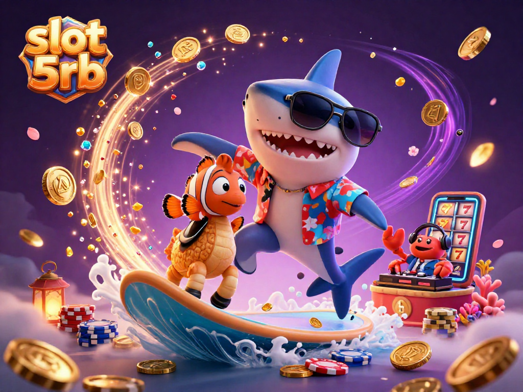 Play exciting slot 5rb games with a colorful 3D illustration showcasing a shark surfing on gold coins and slot reels.