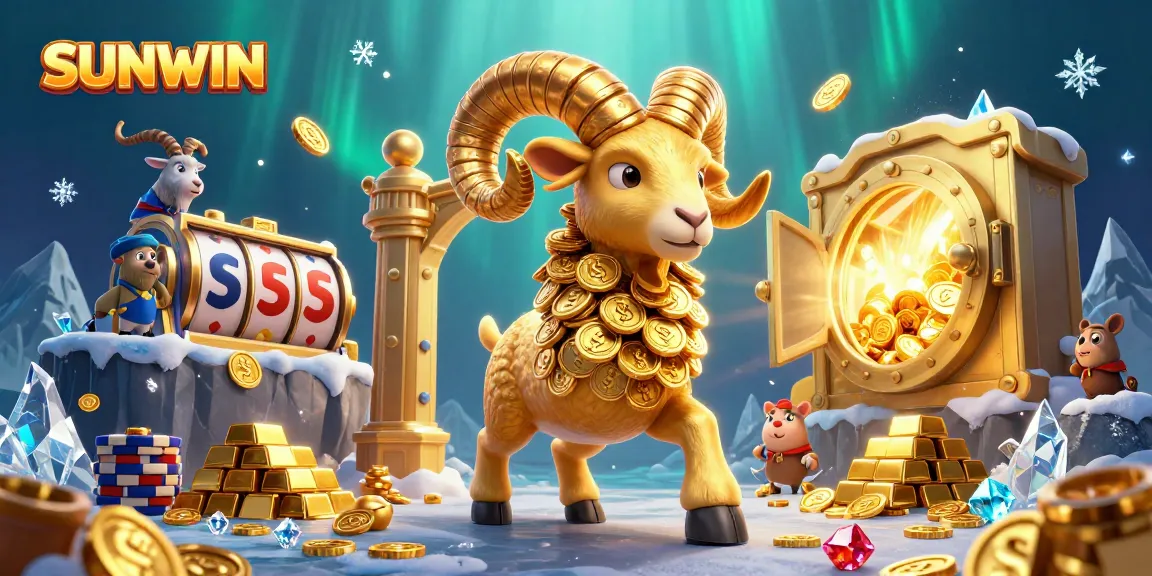 SUNWIN ignites excitement with a golden ram charging through a jackpot celebration, bursting with treasure.
