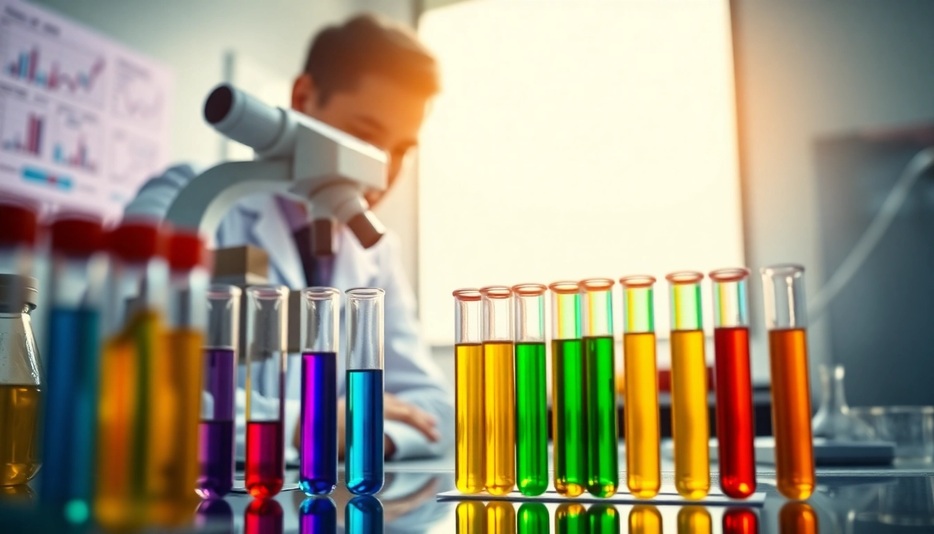 Examining peptides in a laboratory with colorful samples and graphs.