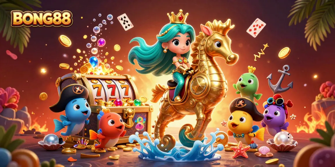 BONG88 offers thrilling underwater adventures with mermaids and pirate fish in a vibrant casino-inspired scene.