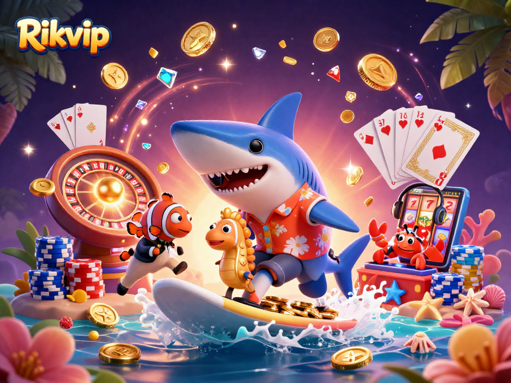 Join the excitement at Rikvip with a vibrant and dynamic gambling scene featuring a hammer-head shark and playful characters!