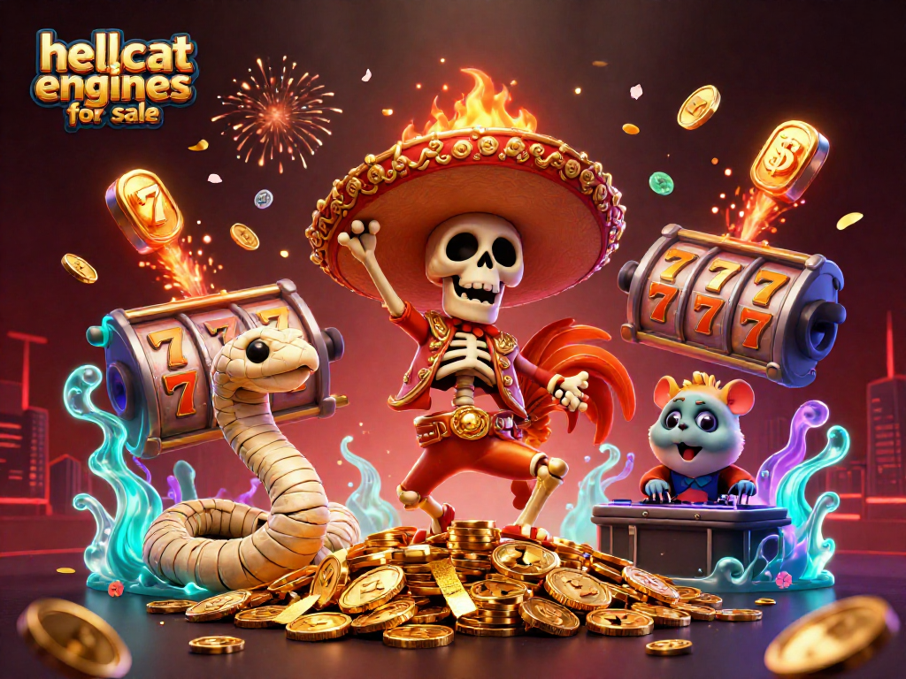 Experience thrilling moments with hellcat engines for sale, as the 3D characters engage in victory dances surrounded by slot reels.