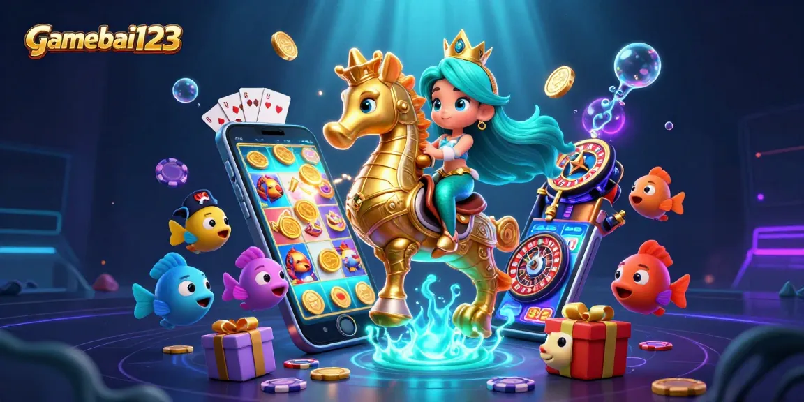 Immerse in the vibrant world of gamebai123 with a dynamic mermaid princess riding a golden seahorse in this action-packed scene.