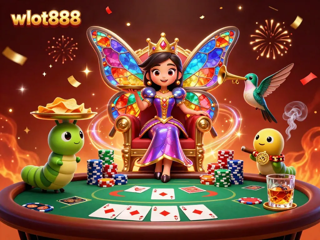 Permainan slot wslot888 dengan ratu kupu-kupu dan pelayan membawa chip emas, penuh warna dan nuansa kasino.