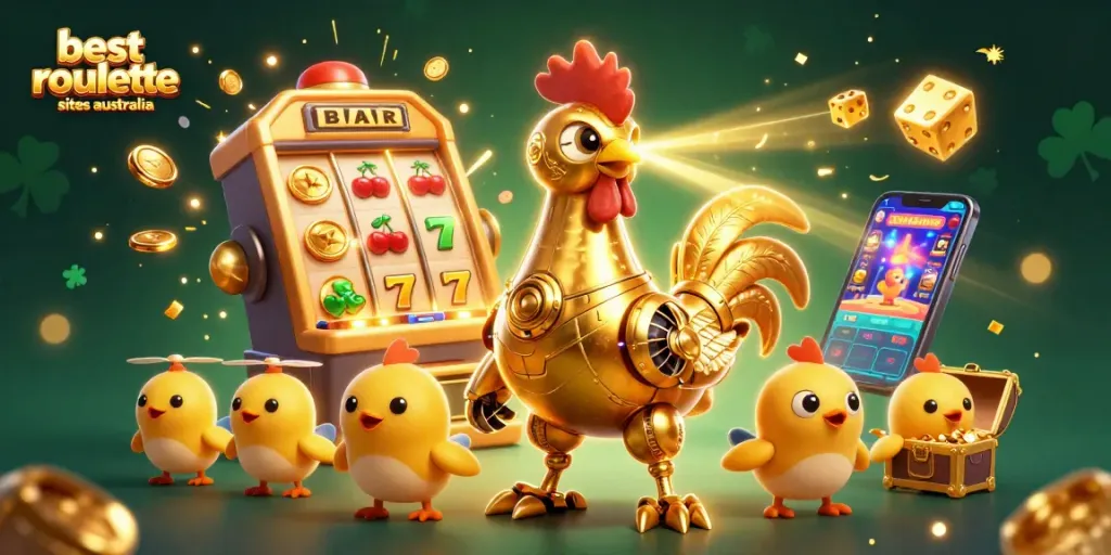 Engage with the best roulette sites Australia, featuring a vibrant 3D illustration with a golden robot and casino elements.