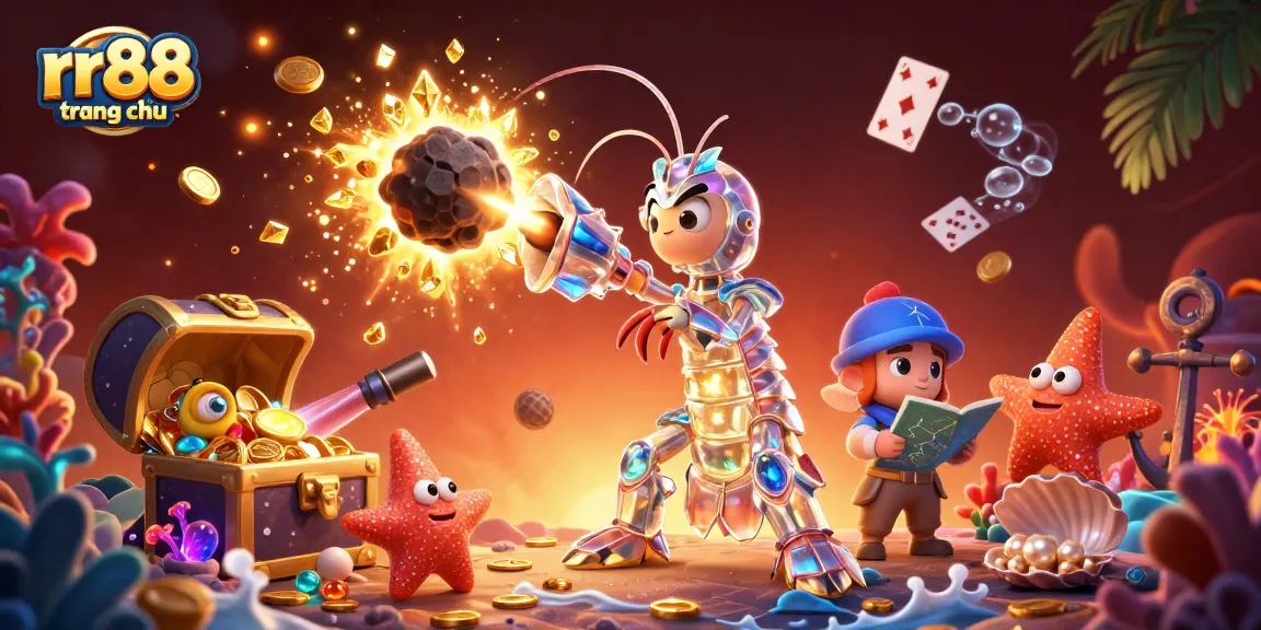 Celebrate big wins on rr88 trang chủ with a vibrant scene of a galactic mantis shrimp battling for treasure and gems.