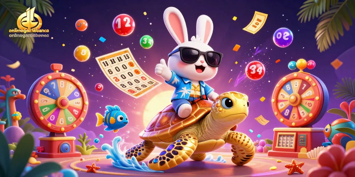 Engage with onlinegamebanca's vibrant scene showcasing a lucky rabbit and golden turtle amid dynamic lottery elements.