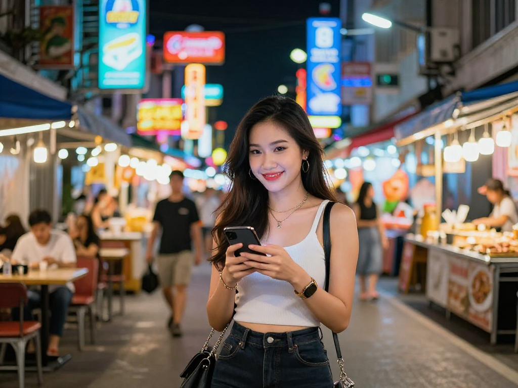 Gái gọi vui vẻ trong không gian phố đêm tươi sáng ở Việt Nam.