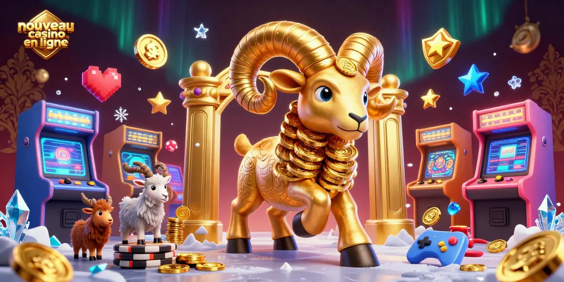 Faites l'expérience d'un nouveau casino en ligne avec un bélier doré et des machines colorées en arrière-plan.