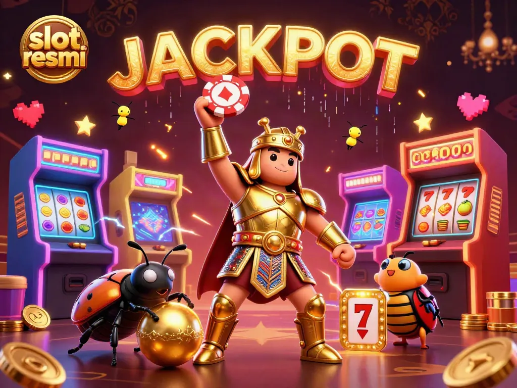 Spin the reels with slot resmi style as a victorious beetle celebrates jackpot wins among colorful gaming elements.
