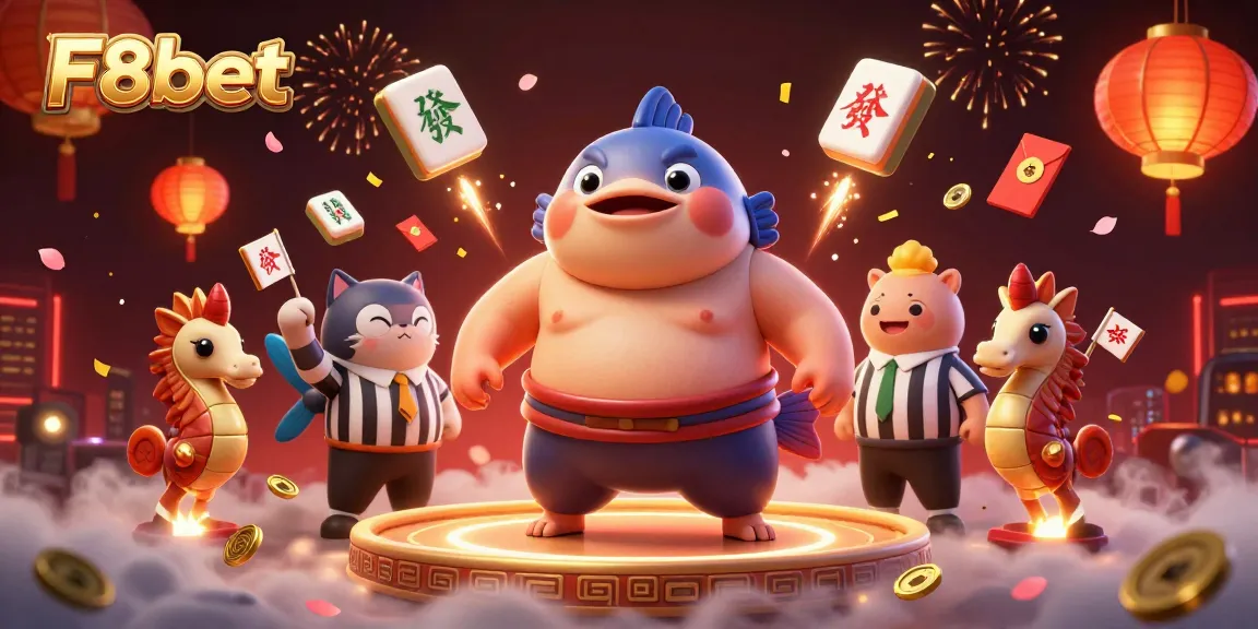 F8bet elevates your gaming experience in this vibrant scene with a sumo fugu champion.