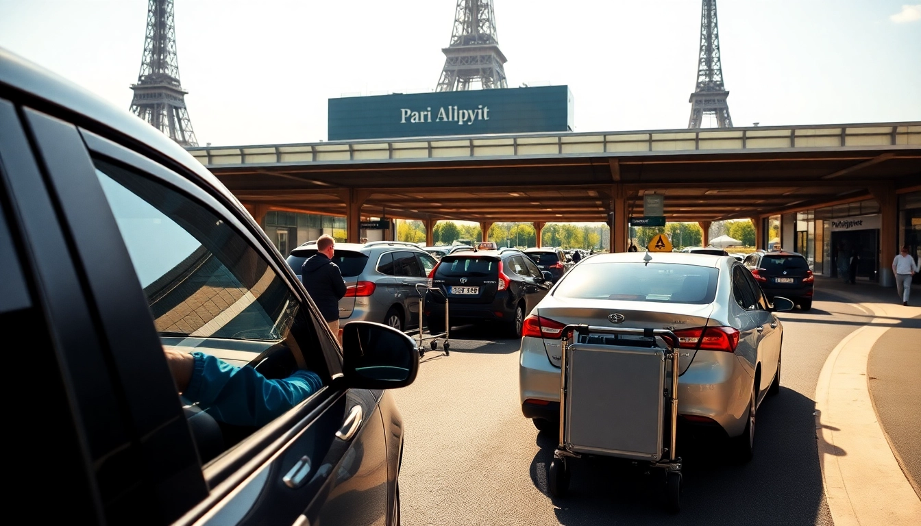 Ensuring a seamless Orly Airport to Paris Transfer, a professional driver greets passengers near the Eiffel Tower.