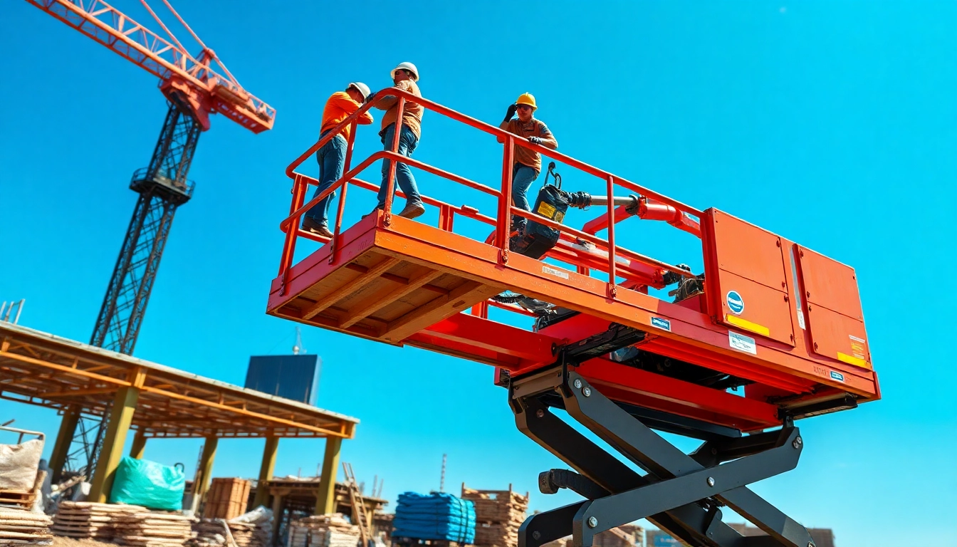 Workers using a cherry picker to elevate tools and personnel at a construction site.