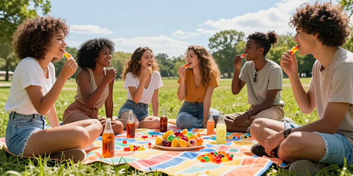 Friends sharing thc gummies outdoors during a sunny picnic, highlighting vibrant flavors.