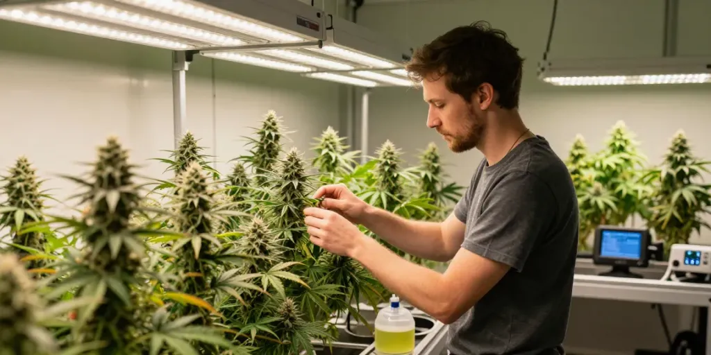 Expert grower nurturing Alien Labs cannabis plants with vibrant foliage in a professional indoor garden.