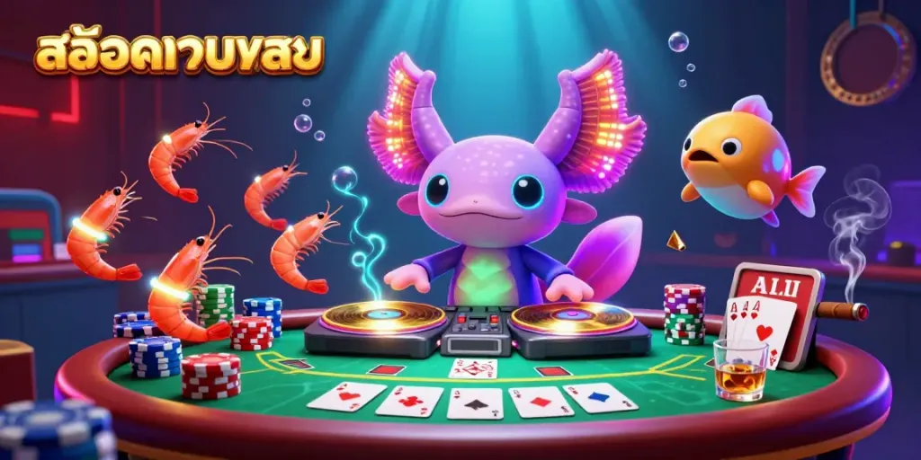Engage with the vibrant สล็อตเว็บตรง scene blending an axolotl DJ and casino elements, showcasing lively gambling excitement.