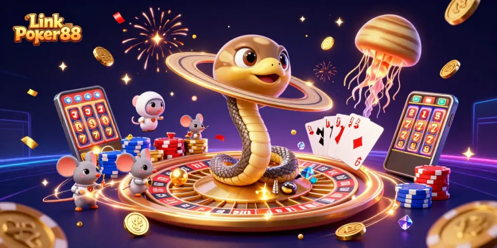 Join the excitement at Link Poker88 with casino games and vibrant cosmic elements in a dynamic scene.