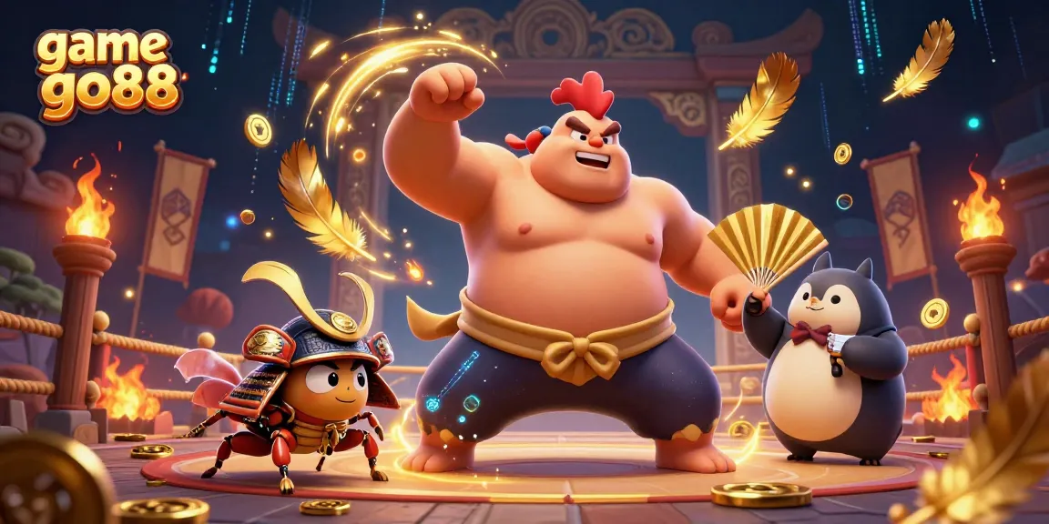 Engage with game go88 in this thrilling 3D illustration featuring a powerful sumo wrestler and samurai cricket.