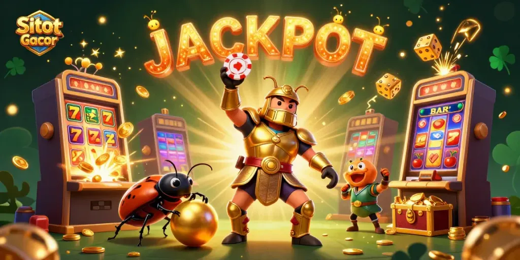 Ilustrasi Situs Slot Gacor dengan karakter dan elemen kasino menarik, menciptakan pengalaman visual memukau.