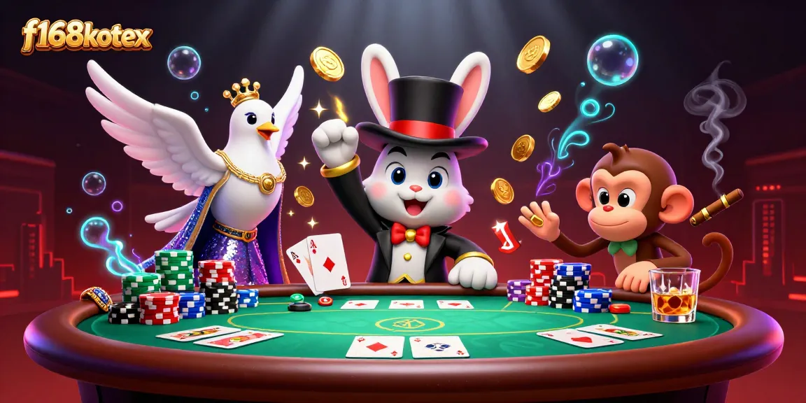 Experience f168kotex magic with a whimsical scene of casino excitement, featuring a playful magician rabbit and poker elements.