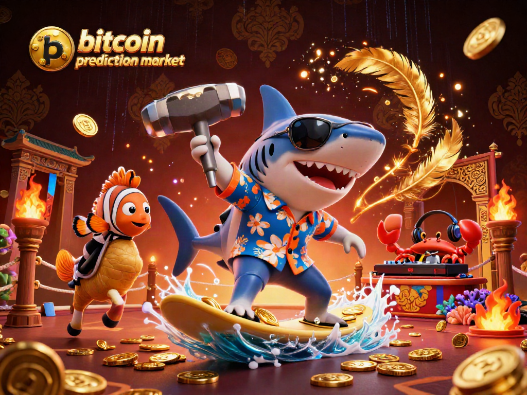 Experience the excitement of the bitcoin prediction market with vibrant 3D casino elements in a dynamic scene.