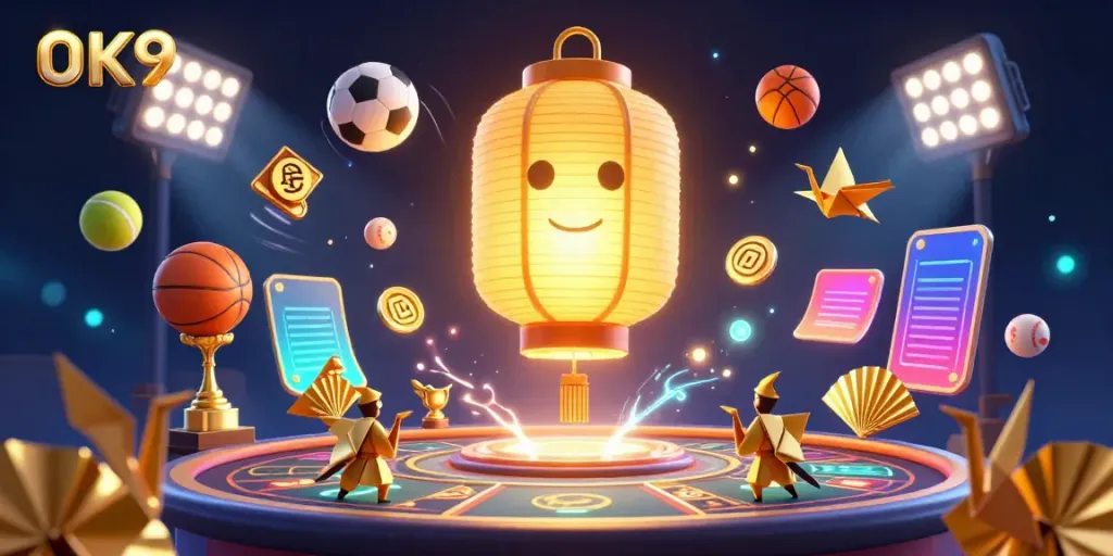 Engage with OK9's vibrant sports betting scene featuring dynamic elements and a glowing spirit.