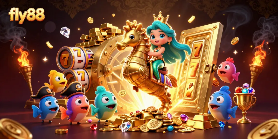Engage with fly88's thrilling slot games in a vibrant underwater scene filled with treasures and fun characters.