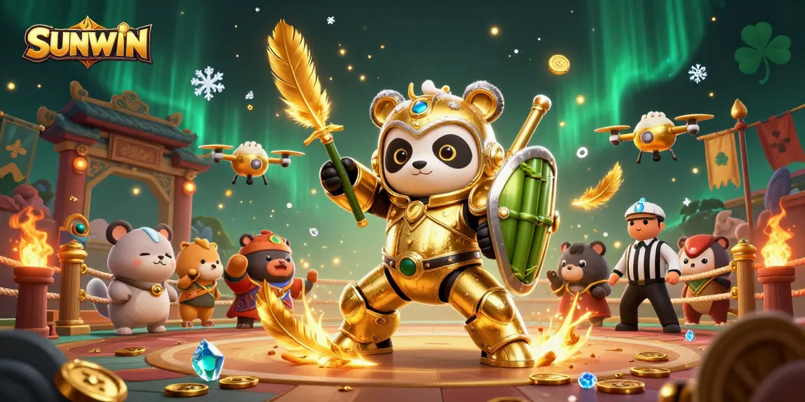 SUNWIN delivers a thrilling experience with animated panda and fighting robot in a vibrant gambling arena.