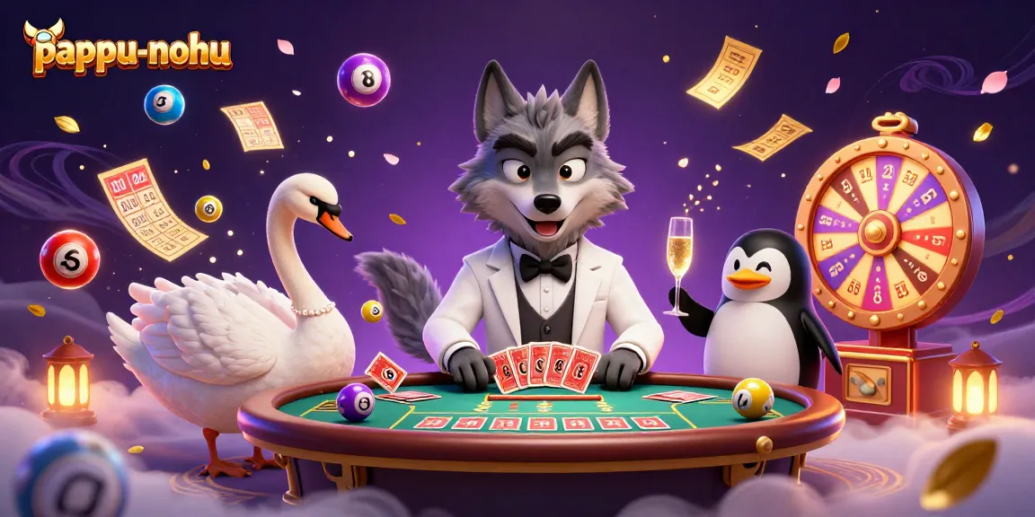 Pappu-nohu game featuring a debonair wolf, swan, and penguin in a vibrant casino scene.