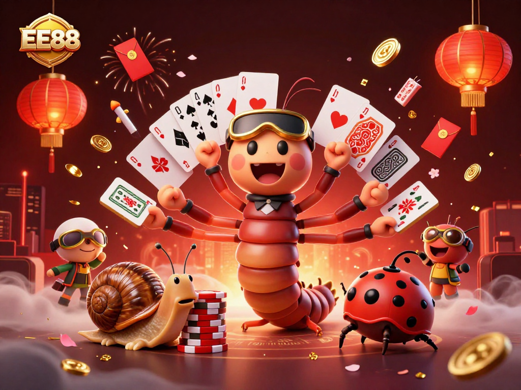 Action-packed scene with EE88's millipede dealer showcasing various cards in a vibrant casino setting.