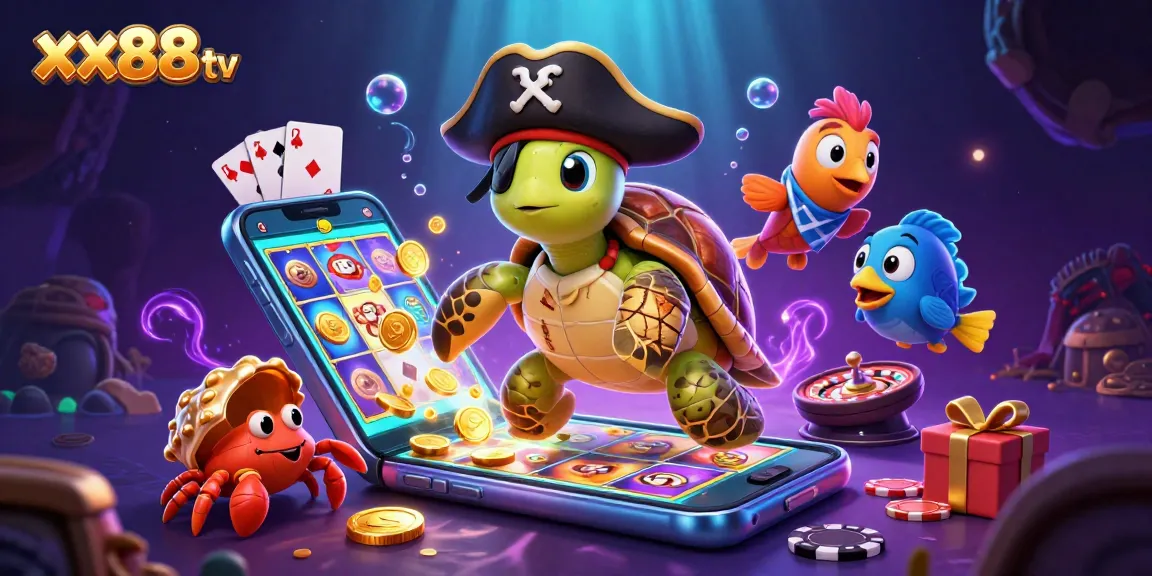 Experience the excitement of xx88 tv with a lively scene featuring a turtle, crab, and parrotfish amidst treasure and vibrant gaming elements.