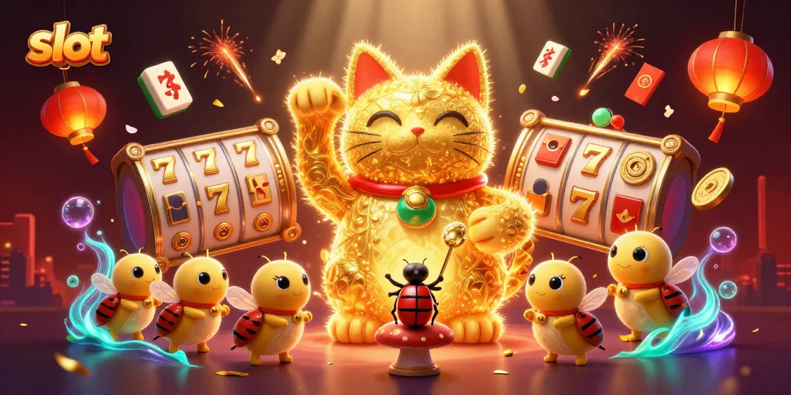 Experience the thrill of slot games with a vibrant, interactive scene of a lucky cat and slot symbols spinning around.